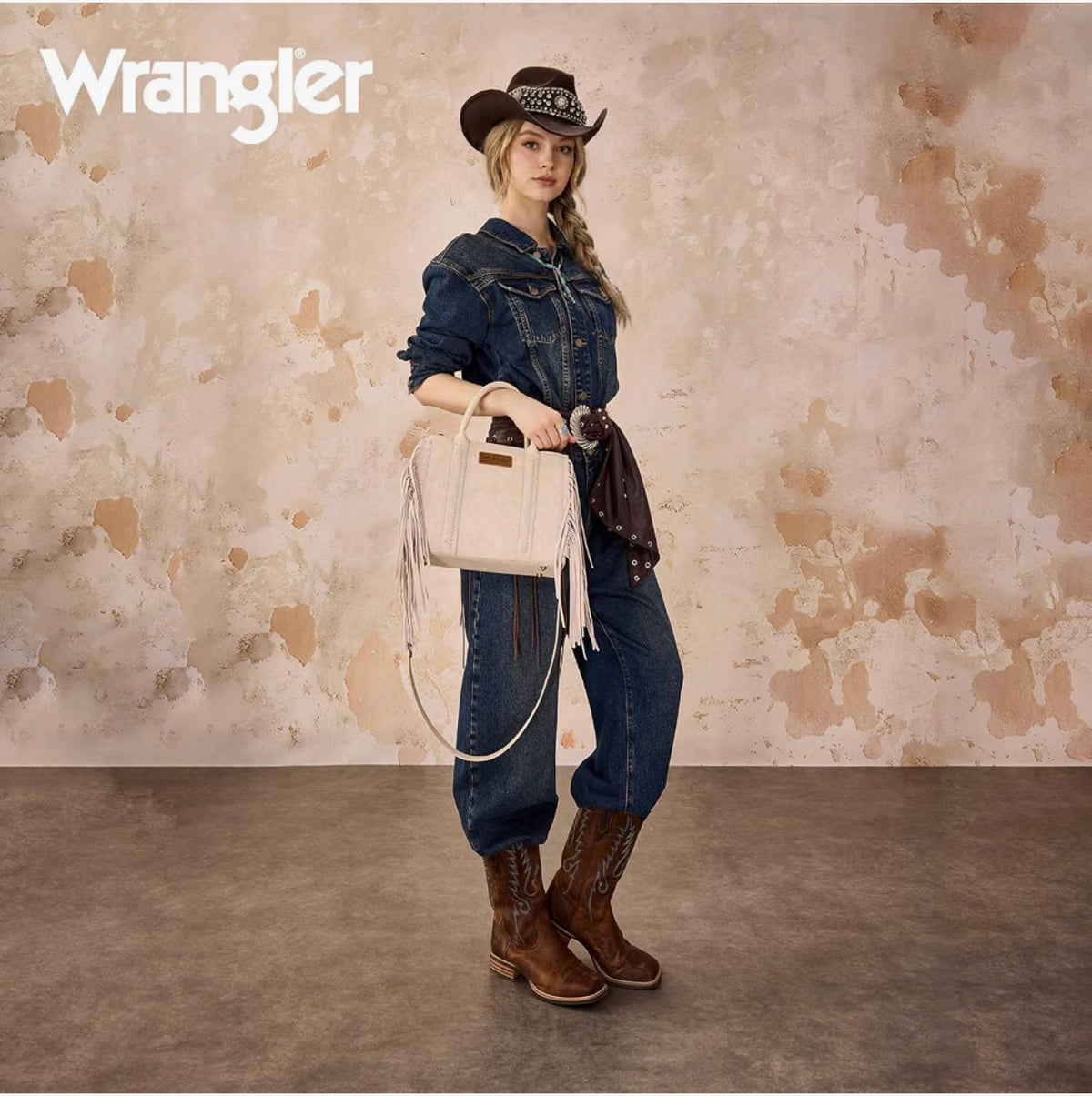 Bolso de mano con flecos para mujer, bolso de hombro occidental con bolsillos funcionales para estilo vaquera