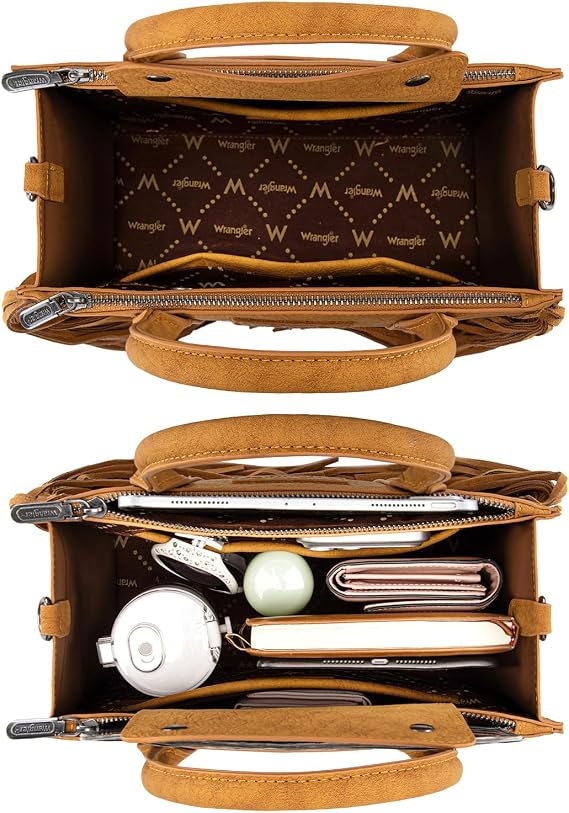 Bolso de mano con flecos para mujer, bolso de hombro occidental con bolsillos funcionales para estilo vaquera
