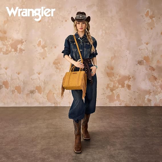 Bolso de mano con flecos para mujer, bolso de hombro occidental con bolsillos funcionales para estilo vaquera